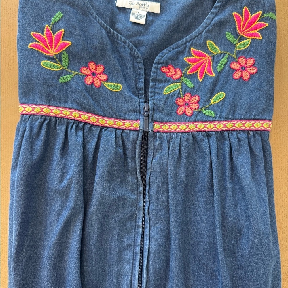 Go Softly Patio Denim House Dress Floral Embroidery Sz L full zip Cottage-core - Picture 6 of 9